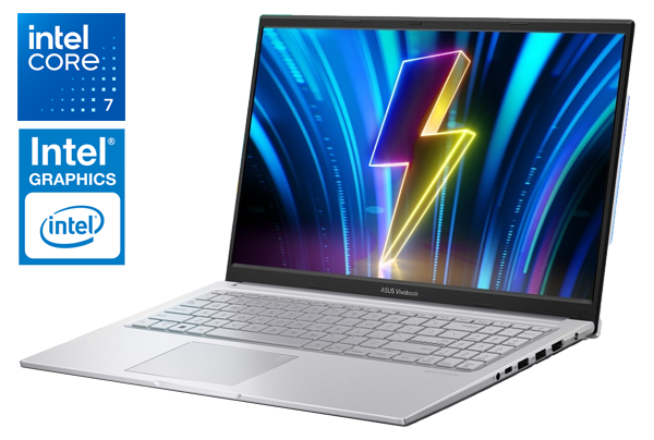 Image of the laptop next to Intel CPU and Graphics Logos