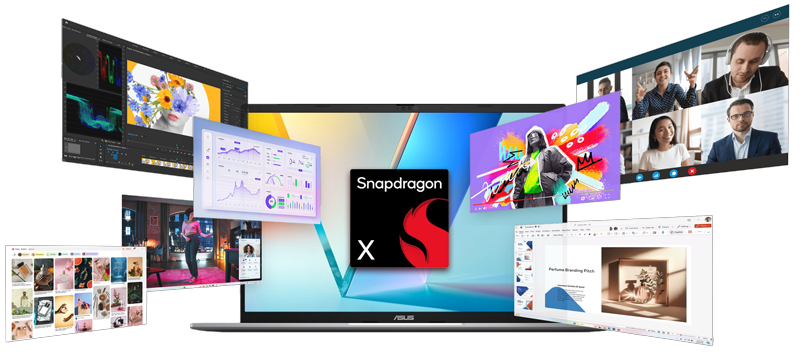 various windows exploding out of monitor with snapdragon logo to illustrate multitasking