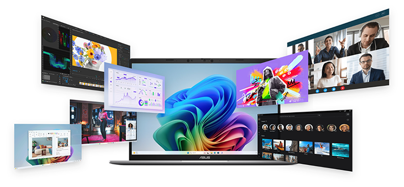 Vivobook S16 laptop with multiple software visuals exploded around the outer screen.