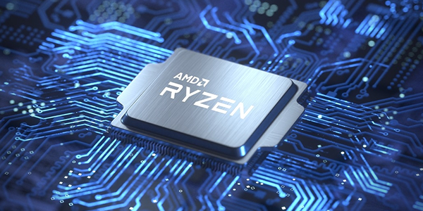 Render of AMD Ryzen CPU attached to blue PCB with glowing paths surrounding the CPU.