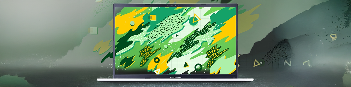 Frontal view of open VivoBook with geometric wallpaper on screen and behind the laptop.