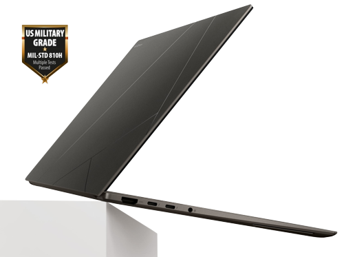 laptop on hard edge and military durability badge