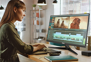 Image of a woman sitting at a desk editing a movie on screen