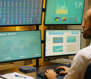 Man using 4 monitors with the mini pc
