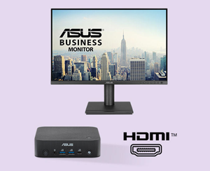 Mini PC next to a monitor and HDMI port