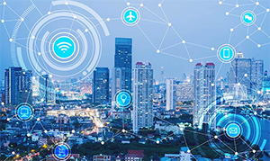 Scenario image of a city skyline with connectivity dotted around