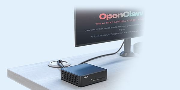Monitor with OpenClaw on-screen, on a desk beside ASUS NUC PR0 15.