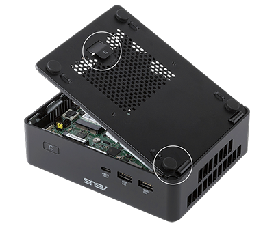 Clip and feet being highlighted on partially opened NUC