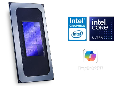 Intel Core Chip Die Graphic With Copilot+PC logo, Intel Graphics and Intel Core Ultra