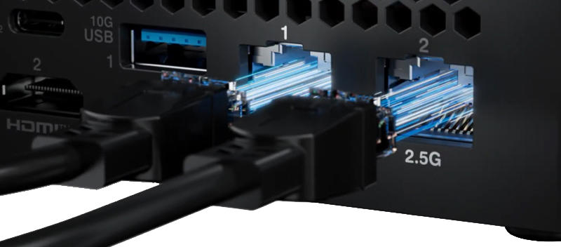 Two RJ45 cables being plugged into 2.5GbE ports with light trail effect