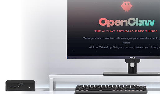 NUC next to keyboard and monitor on higher desk tier with openclaw advert