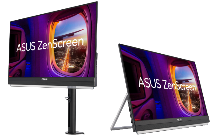 Shot of two ZenScreen MB229CF Monitors, one on clamp stand, one on kickstand
