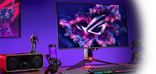ROG Swift Pro on desk alongside pc, gaming and streaming peripherals