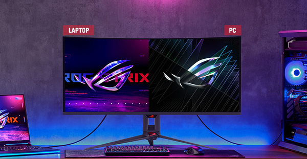 monitor showing kvm connectivity to laptop and PC