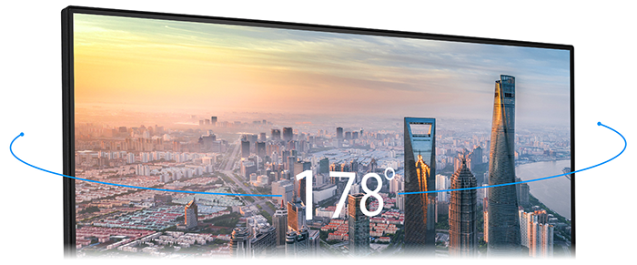 Upper half of monitor with viewing angle annotated and circular graphic to indicate width