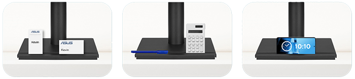 side by side collage of images showing use cases for stand slot, such as lanyard, calculator and phone showing time