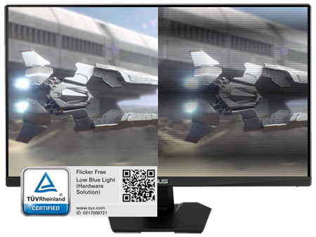 Angled view of monitor showing side by side view of flickering, oversaturated spaceship vs balanced, smooth spaceship