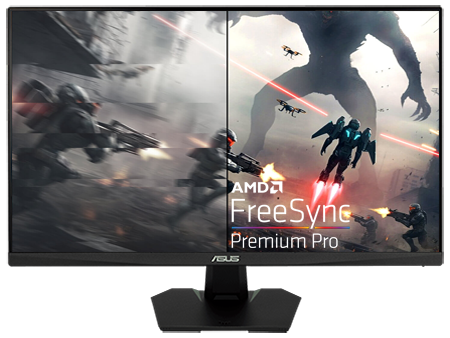 Angled view of monitor showing FPS gameplay and DCI-P3 graphic