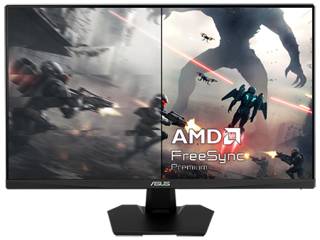 Angled view of monitor showing FPS gameplay and DCI-P3 graphic
