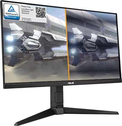 Angled view of monitor showing side by side view of flickering, oversaturated spaceship vs balanced, smooth spaceship