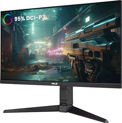 Angled view of monitor showing FPS gameplay and DCI-P3 graphic