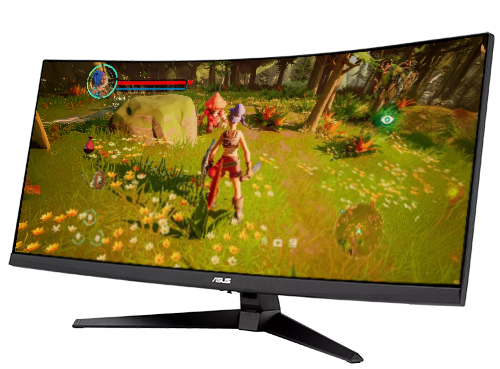 Angled view of monitor showing FPS gameplay and DCI-P3 graphic