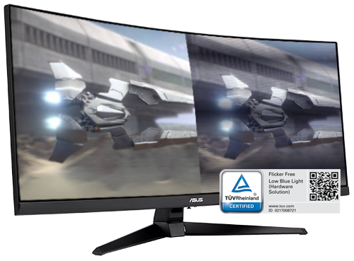 Angled view of monitor showing side by side view of flickering, oversaturated spaceship vs balanced, smooth spaceship