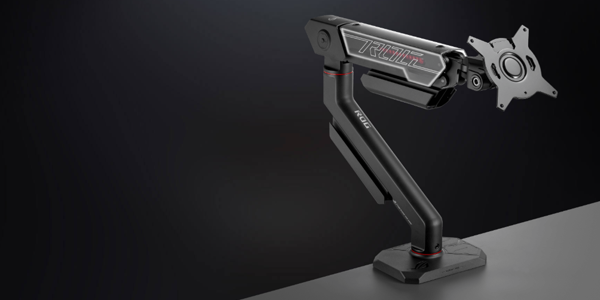ROG ERGO Monitor arm on a desk.