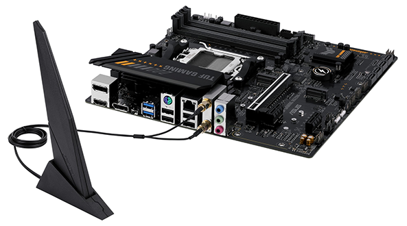 Rear angle of the TUF GAMING A620M-PLUS WIFI motherboard, showcasing WiFi antenna.
