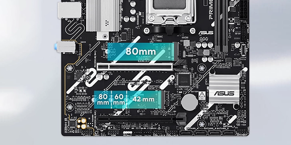 Dual M.2 slots (up to 64Gbps) highlighted on the PRIME B840M-K motherboard.
