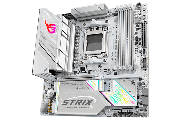 ROG Strix motherboard slightly angled to the left to highlight powerful features