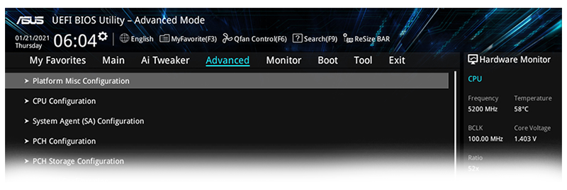 Interface of Advanced Mode on the PRIME H610M-K motherboard