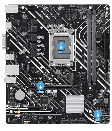 PRIME H610M-K motherboard with temperature icons illustrated over the areas that feature Multiple Temperature Sources