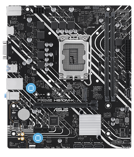 PRIME H610M-K motherboard with CPU icons illustrated over the area featuring Smart Protection