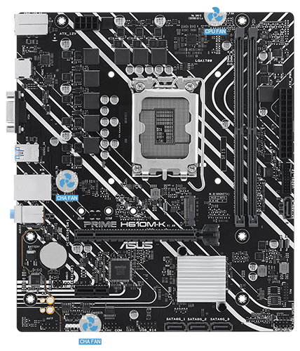 PRIME H610M-K motherboard with fan icons illustrated over the area featuring 4-Pin PWM/DC Fan headers