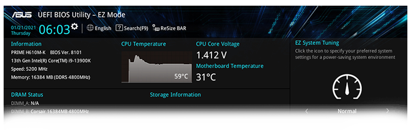 Interface of EZ Mode on the PRIME H610M-K motherboard
