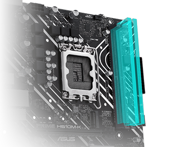Corner of the PRIME H610M-K motherboard illustrated with a RAM card shape in the socket to highlight DDR5 performance