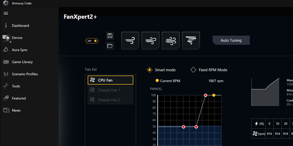 Fan Xpert 2+ software interface, highlighting cooling controls