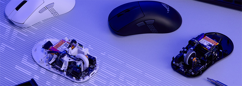 Top of mouse removed to reveal the ROG Micro Switch II technology