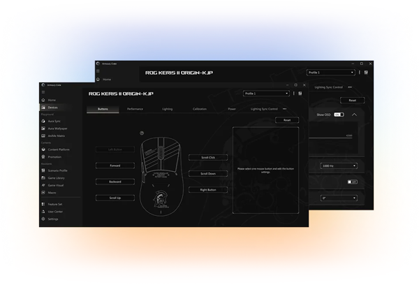 ASUS Armoury Crate ExclusiveKJP Theme screenshots from within the software app