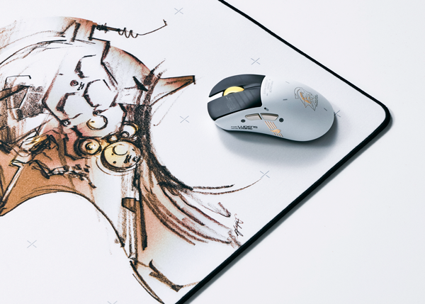 ASUS ROG Keris II Origin KJP Edition sat atop the ASUS ROG Scabbard KJP Edition mousemat