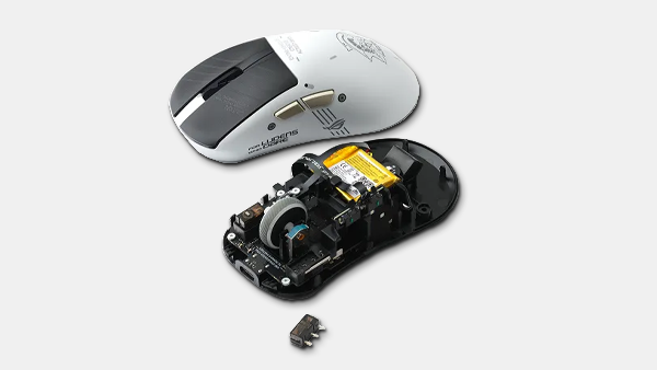 ASUS ROG Keris II Origin with top cover and panels removed to show switches