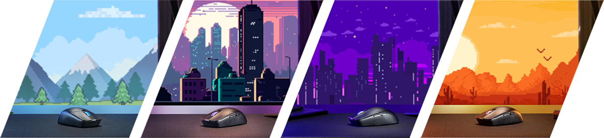 Lifestyle images of mouse on desktop infront of a window with multiple backgrounds