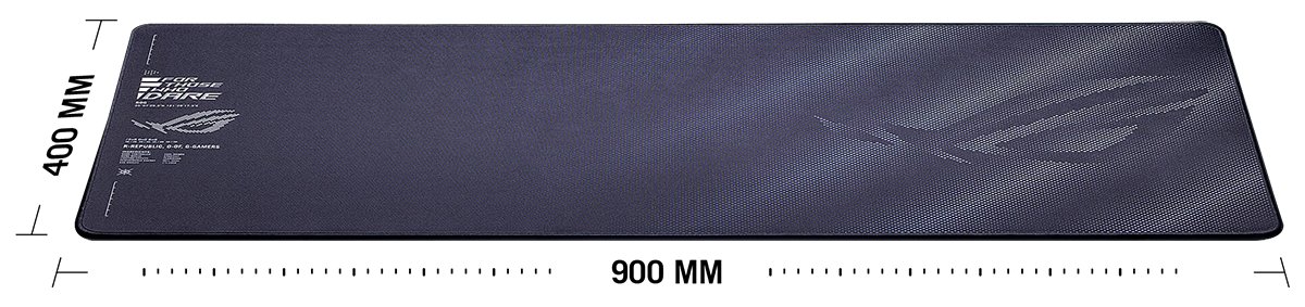 Front angle of ROG Sheath mousepad with dimensions around it.