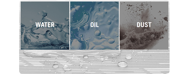 Images of water, oil and dust on the repellent surface