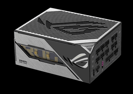 Animated GIF Showing removable OLED and ROG shaped pin pattern on both sides of power supply to suit various pc build styles
