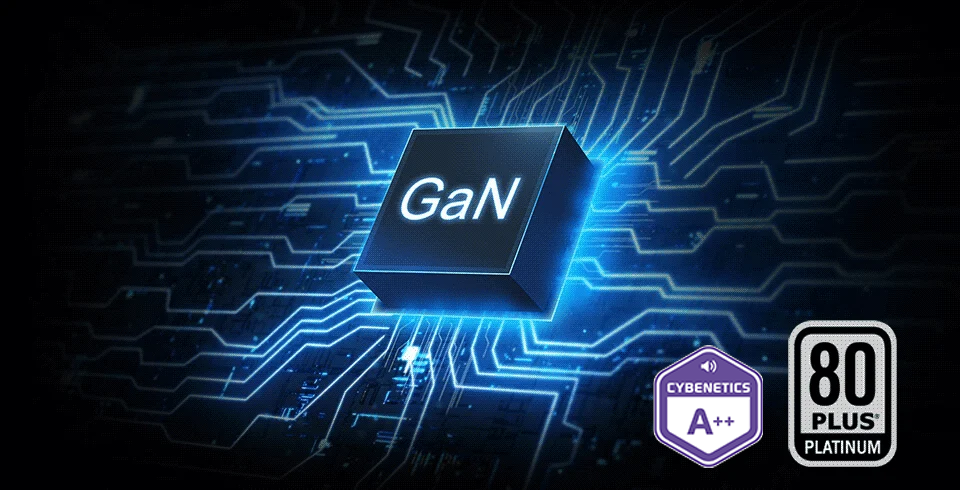 illustration of internal GAN MOSFET and 80PLUS energy and Cybenetics certification in corner