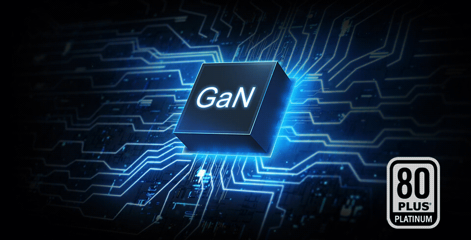 illustration of internal GAN MOSFET and 80PLUS energy certification in corner