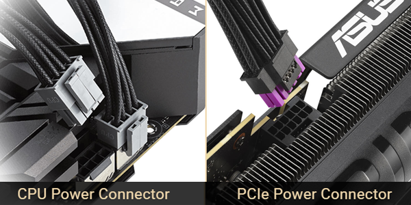 Closeup of CPU power cables connecting to a motherboard.