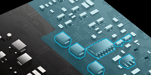 Highlighted protective coating over a PCB.